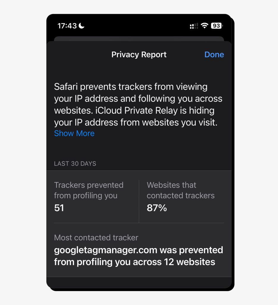 Safari privacy report page on an iPhone